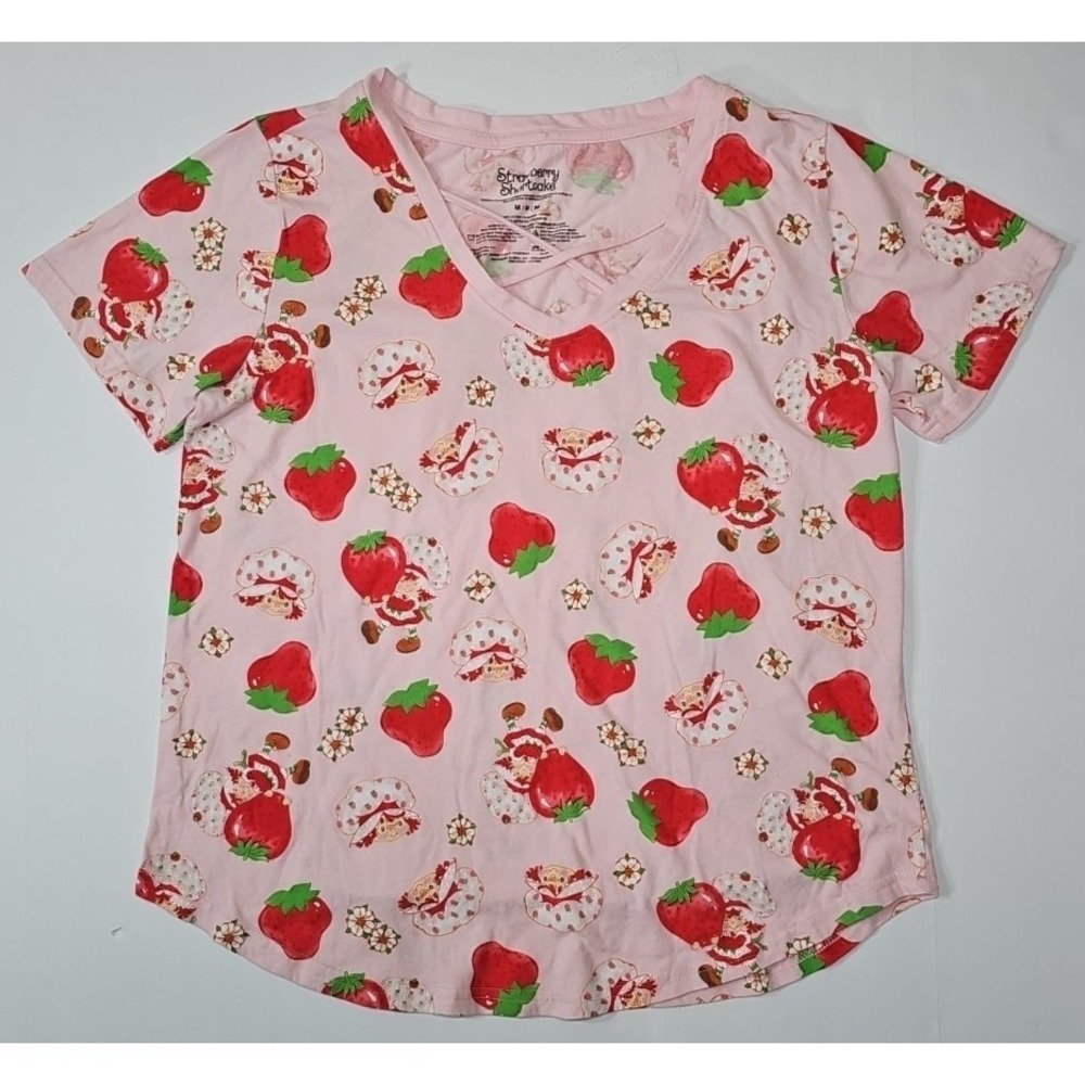 STRAWBERRY SHORTCAKE V‎ Neck Cross T-Shirt Classic Top Women's Medium